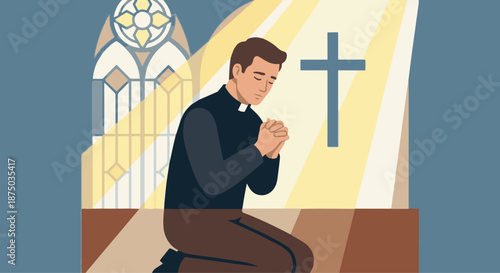 Pastor Praying
A flat vector illustration of a pastor praying with hands clasped or raised gently. Simple background with subtle light rays or church symbols. 
