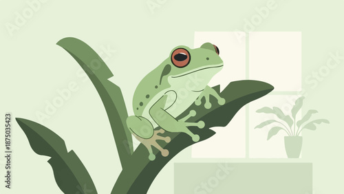 A green tree frog with red eyes perches on a leaf in a minimalist, illustrated indoor setting