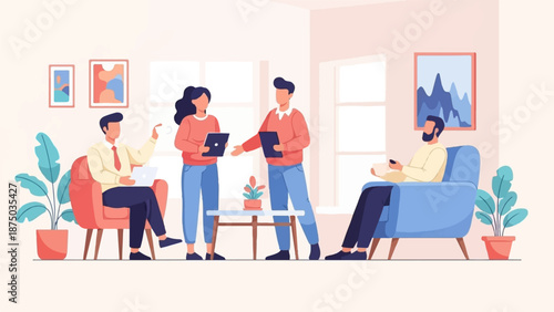 A group of four colleagues having a casual business meeting in a modern office lounge with plants