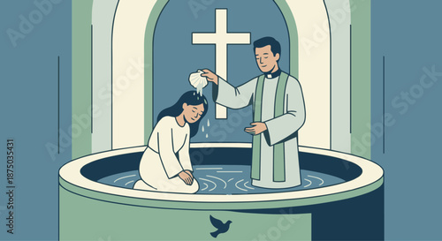 Pastor Performing Baptism
A flat vector illustration of a pastor performing a baptism ceremony. Water, cross, and gentle expressions visible. Flat vector style, symbolic and reverent.