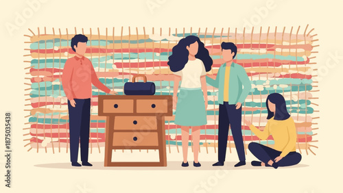 A group of four friends gathering in a room with a colorful woven tapestry and a wooden dresser