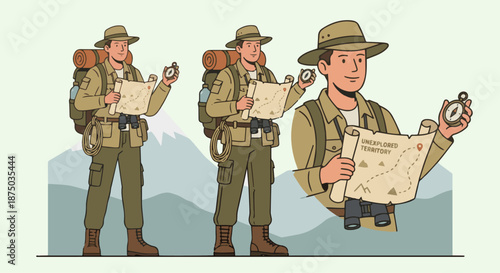 Explorer with Map and Compass

A flat vector illustration of an explorer standing confidently, holding a map and compass. Backpack and travel gear visible. 