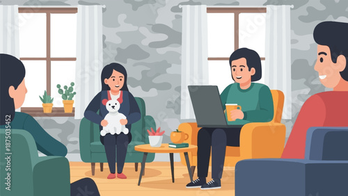 A group of four people having a therapy session or a meeting in a cozy, modern living room