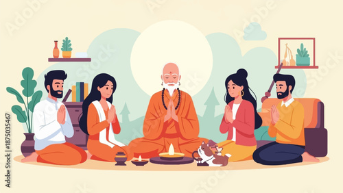 A guru leads a group of people in a peaceful meditation ceremony with candles in a cozy home setting