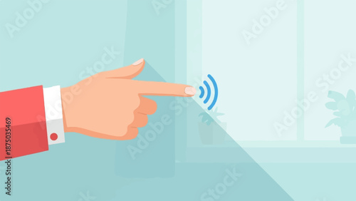 A hand in a red suit jacket presses a touch surface, emitting blue connection waves