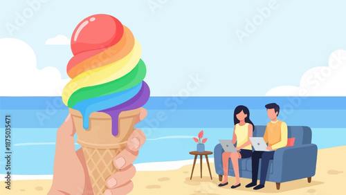 A hand holds a melting rainbow ice cream with a couple working on laptops on a beach couch