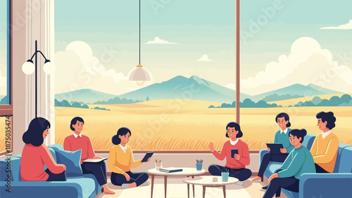 A group of women in a discussion circle in a sunlit room with a scenic mountain view
