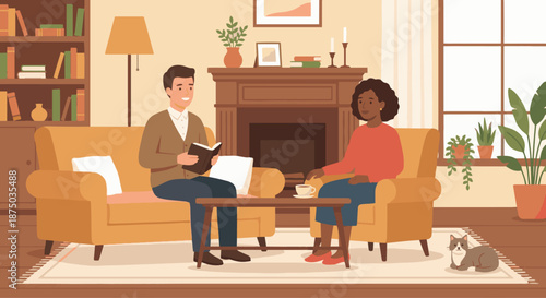 Pastor Visiting Home
A flat vector illustration of a pastor visiting a church member’s home, offering prayer or conversation. Cozy home setting. Flat vector style, pastoral care theme.