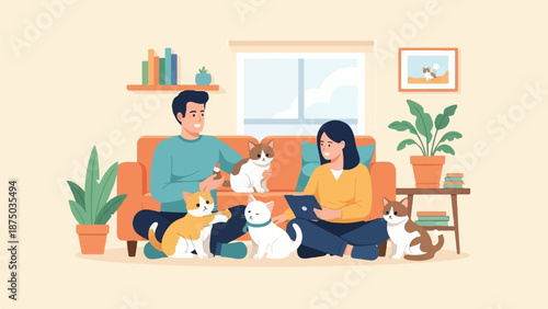 A happy couple enjoys a quiet day at home, surrounded by their four playful and affectionate cats