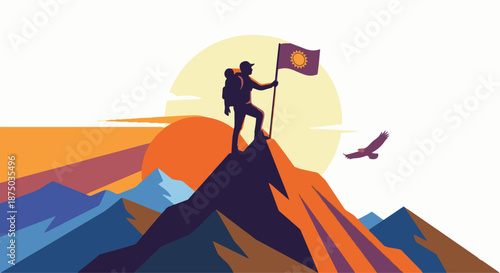 Explorer Climbing Mountain
A flat vector illustration of an explorer climbing a mountain or standing on a peak. Flag or walking stick visible. Flat vector design with strong silhouette and achievement
