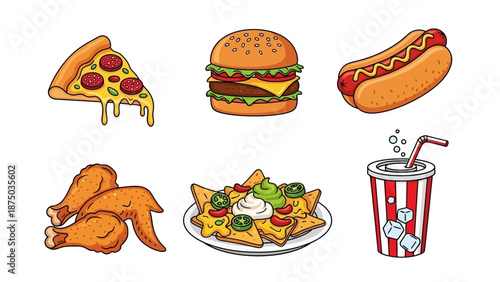 Fast Food Cartoon Set. Vector illustration of cheeseburger, melting pepperoni pizza, hot dog, fried chicken, nachos, and soda drink with ice. Junk food meal collection.