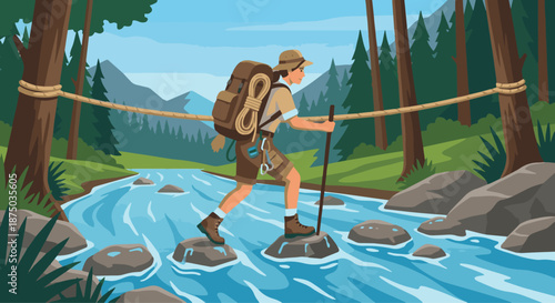 Explorer Crossing River
A flat vector illustration of an explorer crossing a river using stones or a rope. Backpack and gear visible. Flat vector style, dynamic exploration scene.