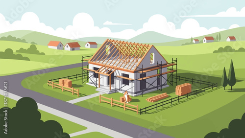 A house under construction with scaffolding in a serene, hilly countryside with a small dog nearby