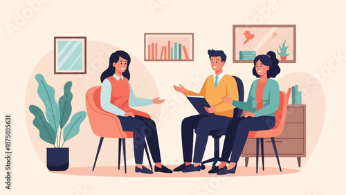 A job candidate being interviewed by a man and a woman in a modern, comfortable office setting