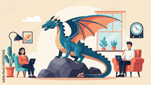 A large blue dragon sits in a modern living room as two people work on laptops, unfazed