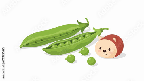 A kawaii illustration of a tiny animal with open green pea pods and loose peas on white background