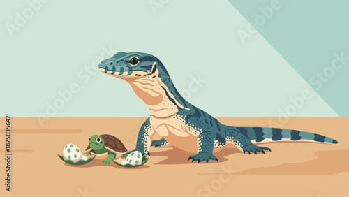 A large blue lizard stands over a baby turtle hatching from a spotted egg on a sandy surface