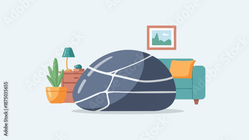 A large, cracked kintsugi stone rests in a cozy, minimalist living room illustration