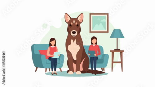 A large brown dog sits between two women on armchairs in a living room, a flat vector illustration