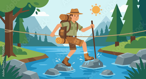Explorer Crossing River
A flat vector illustration of an explorer crossing a river using stones or a rope. Backpack and gear visible. Flat vector style, dynamic exploration scene.