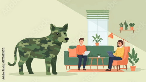 A large dog with a camouflage pattern in a modern living room with a couple relaxing
