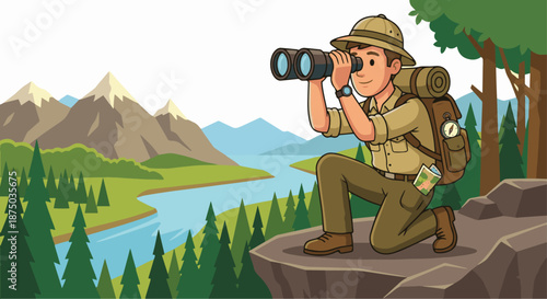 Explorer Using Binoculars
A flat vector illustration of an explorer using binoculars to observe distant landscapes. Flat vector style, curiosity and exploration theme.