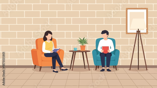 A man and a woman sitting in armchairs in a room with a brick wall during a counseling session