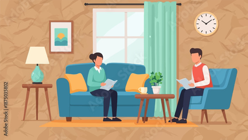 A man and a woman sit reading books in a cozy, comfortably furnished living room with a window