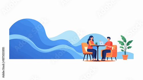 A man and a woman work at a table with a laptop, set against an abstract blue wave background