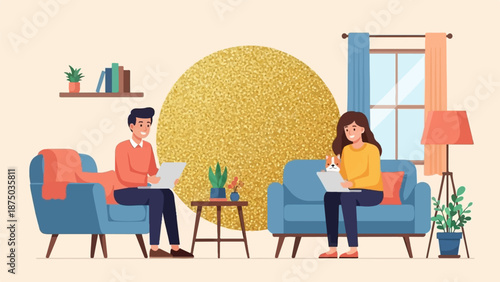 A man and a woman with her dog relaxing on couches at home, engaged with their personal devices