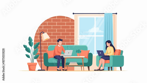 A man and a woman work from home on laptops in a modern, cozy living room illustration