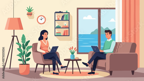 A man and a woman work on laptops in a cozy living room with a scenic ocean view