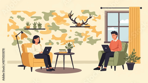 A man and a woman working remotely on laptops in a cozy, modern living room illustration