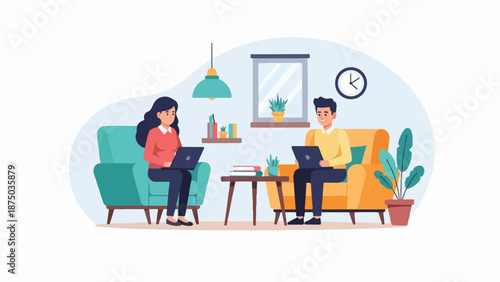 A man and a woman working from home, each on a laptop, sitting in a modern, cozy living room