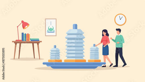 A man and woman examine a model of industrial electrical insulators in a minimalist room interior