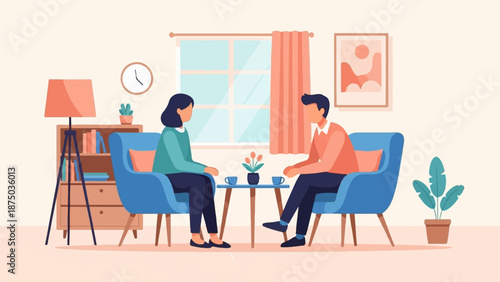A man and woman in armchairs talking over coffee in a cozy, modern illustrated living room setting