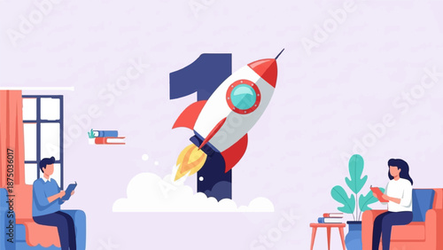 A man and woman read in armchairs as a large number one and a rocket launch in an illustration