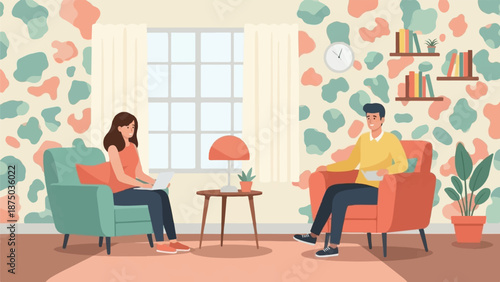 A man and woman relax in a cozy living room, sitting in armchairs with a laptop and a book