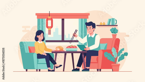 A man and woman share a meal in a cozy living room, celebrating with a traditional red lantern