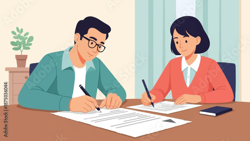 A man and woman sit at a desk, both focused on signing important legal documents or contracts
