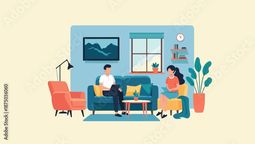 A man and woman sit in a stylish living room, working on their laptops in a colorful interior