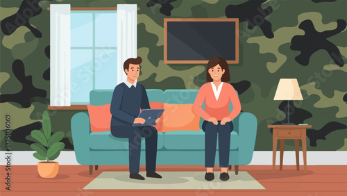 A man and woman sit on a couch for a counseling session in a room with camouflage wallpaper