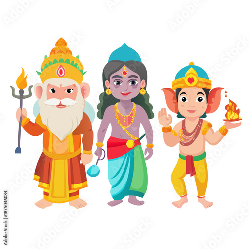 Indian Gods Set, Agni, Ganesha, Indra Idols Cartoon Vector Illustration