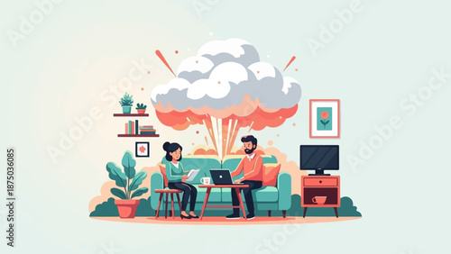 A man and woman sit on a sofa, a large cloud of inspiration and ideas erupting behind them