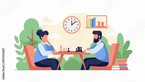 A man and woman sit opposite each other, deeply focused on a strategic game of chess. Vector art