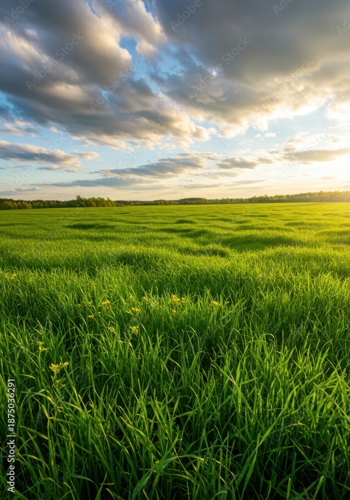 Obraz premium Vibrant Green Field at Sunset Under a Cloudy Sky