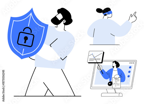 Data security concept. Illustrations depict data security with a shield symbol and digital tools ensuring protection. Data security in technology, cybersecurity, online policy, education, IT