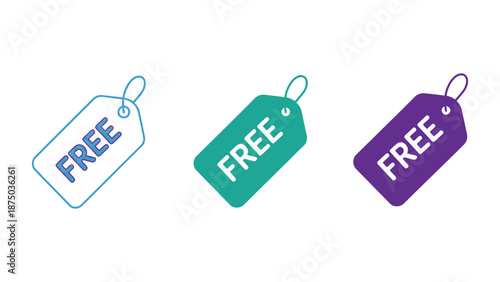 Three colorful free tags on a white background for shopping or promotion