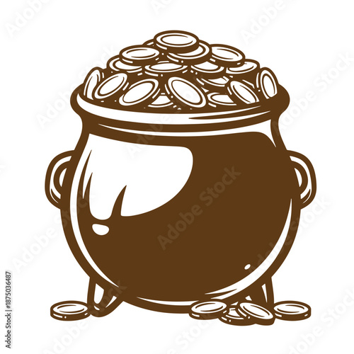 Vintage Brown cauldron filled with gold coins on white background  symbol of wealth and prosperity