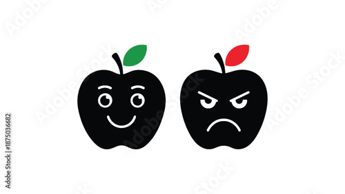 Two cartoon apples with different facial expressions on a white background